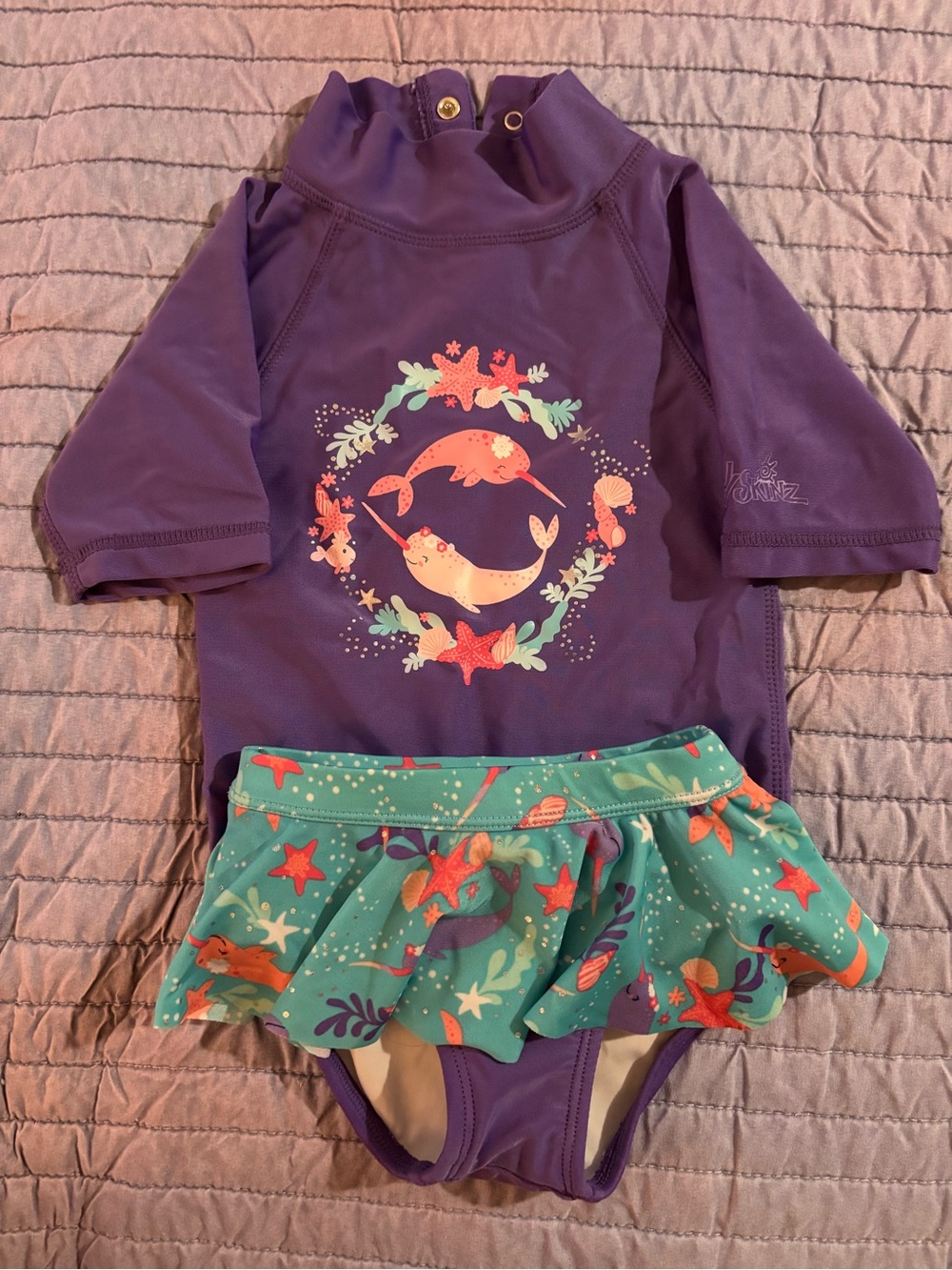 Purple Toddler Rash Guard Swimsuit with Narwhal Print 12-18 montha